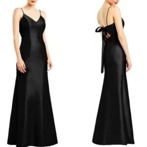 ALFRED SUNG Size 2 Classic Black Formal Satin V-Neck Fit and Flare Long Gown NEW